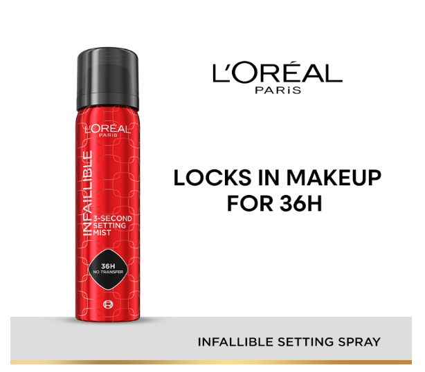 L’Oreal Paris Infaillible 3-Second Setting Mist - Transfer-Proof, 75ml 75ml setting spray for 36H transfer-proof makeup. Dries in 3 seconds for all-day wear. Heat-proof & sweat-proof.