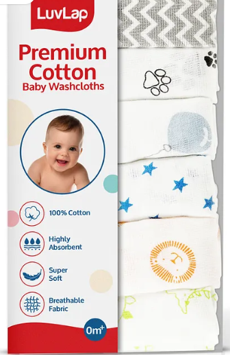 LuvLap Muslin Cotton Premium Baby Washcloth, Washable, Absorbent, Soft Face Towels, Stars & Balloons Print, Pack of 6 (Multicolour)