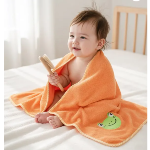 Babyhug Cotton Knit Microfiber Towel With Frog Embroidery L 31.5 X B 22.5 cm - Orange