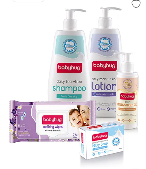 Babyhug skincare and wipes mega pack ( Babyhug Lavender & Chamomile Wipes, Shampoo 400 ml, Milky Wash 400 ml, Lotion 400 ml, Oil 200 ml, Milky Soap 125gm)