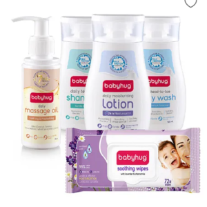 Babyhug skincare and wipes mega pack (Babyhug Lavender & Chamomile Wipes 72's, Lotion 100 ml, Milky Wash 100 ml, Shampoo 100 ml, Oil 100 ml)