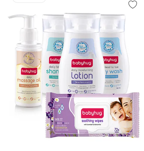 Babyhug skincare and wipes mega pack (Babyhug Lavender & Chamomile Wipes 72's, Lotion 100 ml, Milky Wash 100 ml, Shampoo 100 ml, Oil 100 ml)