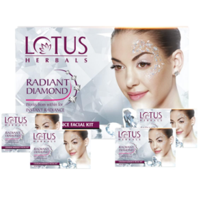 Lotus Herbals Radiant Diamond Cellular Radiance 4 In 1 Facial Kit | With Diamond Dust & Cinnamon | For Women & Men | Chemical Free| Reduce Blemishes| For All Skin Types | 4x37g