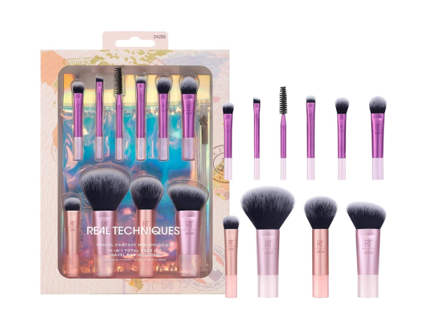 Real Technique Travel Fanstasy Mini Brush Kit, Makeup Brushes, Mini Sized Brushes, Perfect For Travel or On The Go, 10 Piece Set, Purple