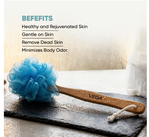 Vega Wooden Handle Body Brush for Bath, Exfoliating Scrubber for Men & Women, Shower Tool for Deep Cleansing, Dead Skin Removal, Back Cleaning, Improves Blood Circulation & Skin Care Routine (BA-1/6) - Image 2