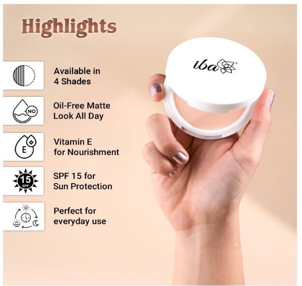 Iba Pure Skin Perfect Look Long Wear Mattifying Compact - Medium Shell, 9g | Even Coverage | Oil Free | Matte Finish | SPF 15 | Face Makeup | 100% Natural | Halal Certified & Vegan Makeup - Image 2