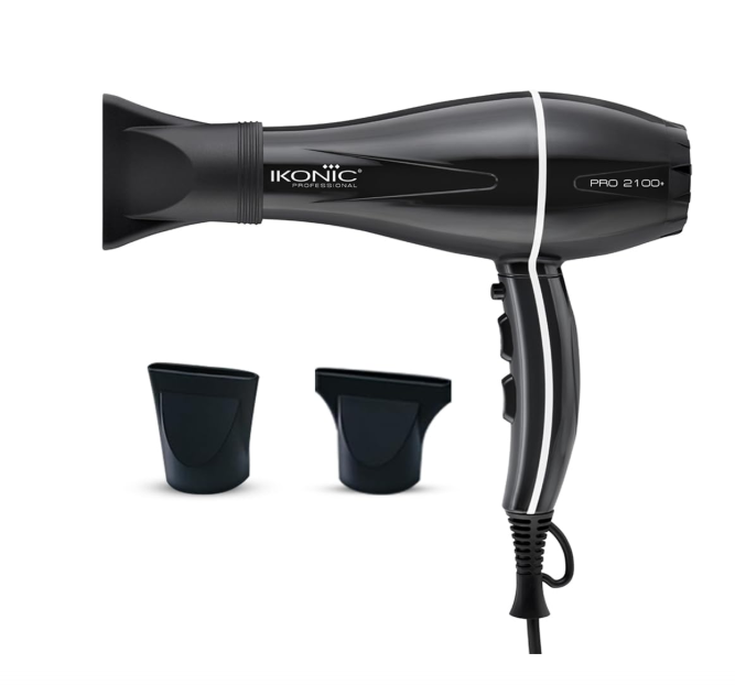 Ikonic Professional Pro 2100+ Hair Dryer 2000 Watts, Black, 3 Heat And 2 Speed Settings, Cool Shot, Low Noise Function Interchangeable Nozzles, Professional Styling, For Both Men And Women, Suitable For All Hair Types, 1 Yr Warranty Black