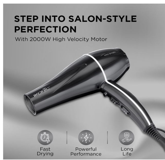 Ikonic Professional Pro 2100+ Hair Dryer 2000 Watts, Black, 3 Heat And 2 Speed Settings, Cool Shot, Low Noise Function Interchangeable Nozzles, Professional Styling, For Both Men And Women, Suitable For All Hair Types, 1 Yr Warranty Black - Image 2