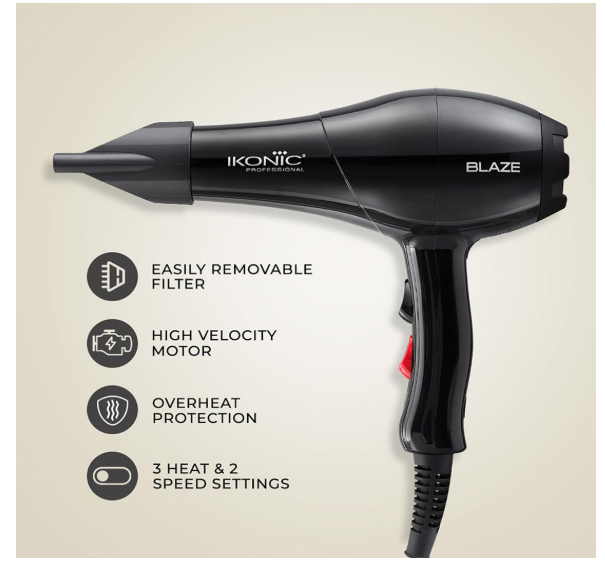 Ikonic Professional Blaze Hair Dryer 1800 Watts-2000 Watts 3 Heat And 2 Speed Setting Combination Powerful Ac Motor Comes With 2 Interchangeable Nozzles, For Both Men And Women, Suitable For All Hair Types, 1 Yr Warranty Black - Image 2