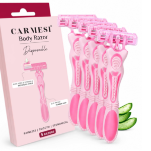 Carmesi Disposable Body Razors for Women - Pack of 5 | Aloe Vera & Vitamin E Moisture Strip For Smooth & Painless Hair Removal | Slip-Proof Rubber Grip | Safe, Hygienic & Economical