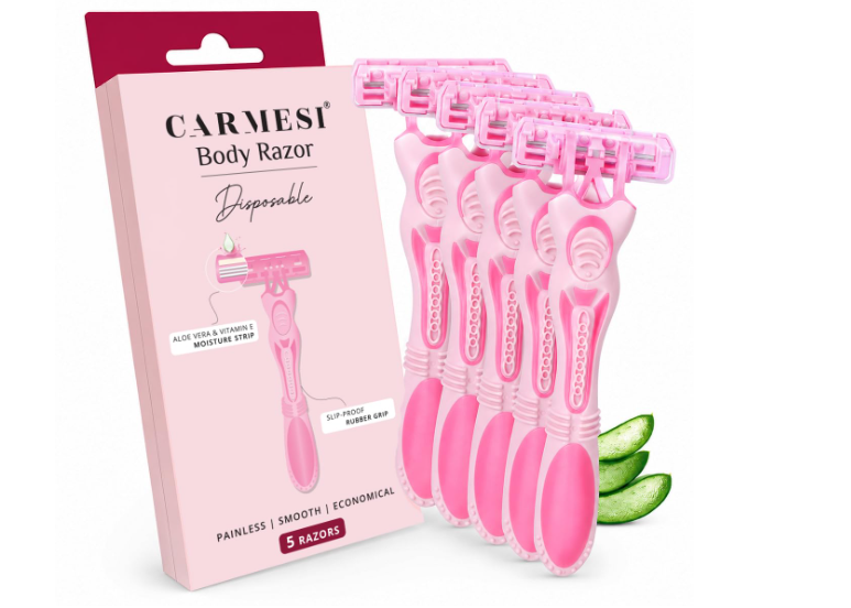 Carmesi Disposable Body Razors for Women - Pack of 5 | Aloe Vera & Vitamin E Moisture Strip For Smooth & Painless Hair Removal | Slip-Proof Rubber Grip | Safe, Hygienic & Economical