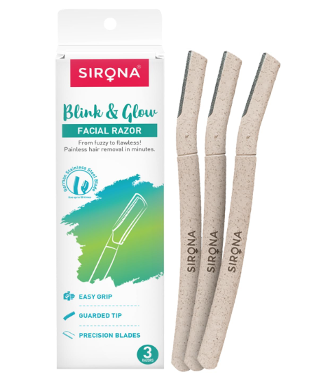 Sirona Face Razor for Women Facial Hair - Pack of 3 | Instant Glow & Painless Hair Removal | German Blades | For Eyebrows, Upper Lip, Chin, Peach Fuzz, Forehead, Unibrow, Sideburns