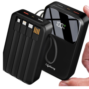 Lifelong Electronics 20000mAh 22.5W Fast Charging Power Bank | 3 Inputs (1 Built-in USB A Cable + 1 C + 1 Lightning Port) & 6 Outputs (3 Built-in Cables + 1 C + 2 A Port) | Small Pocket Size Powerbank