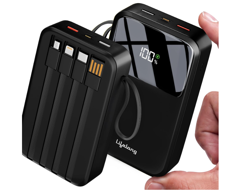 Lifelong Electronics 20000mAh 22.5W Fast Charging Power Bank | 3 Inputs (1 Built-in USB A Cable + 1 C + 1 Lightning Port) & 6 Outputs (3 Built-in Cables + 1 C + 2 A Port) | Small Pocket Size Powerbank