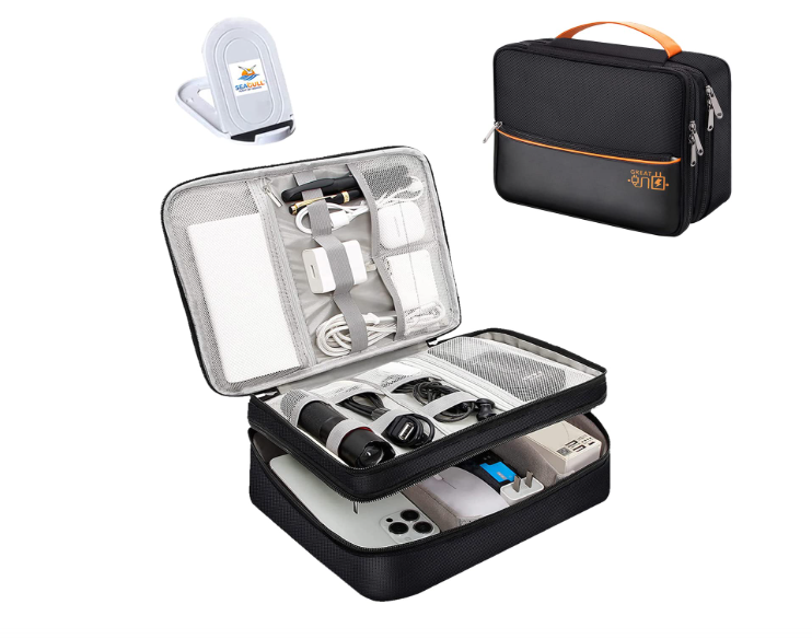 Seagull flight of fashion Nylon Double Layer Electronic Gadget Organizer Case, Cable Organizer Professional Bag For Accessories With Mobile Stand - 27 X 20 X 9 Cm - Black - Model 2
