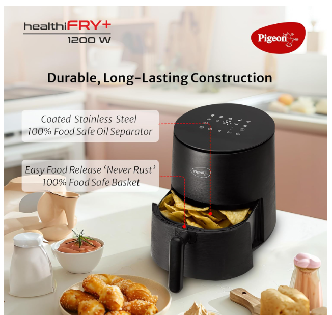 Pigeon Healthifry 3.3L Compact Digital Air Fryer | 1200W | 360° Rapid Air Circulation | 85% Less Oil | Non-Stick Basket | Touch Control | Perfect for 1-2 People | Auto Shut-Off | 2Y Warranty | Black - Image 2