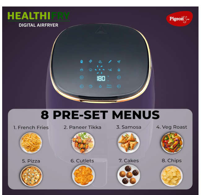 Pigeon Healthifry Plus Digital Air Fryer, 360° High Speed Air Circulation Technology 1400 W with Non-Stick 4.2 L Basket - Purple - Image 2