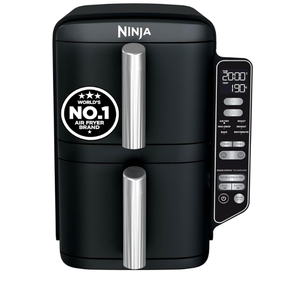 Ninja Double Stack Dual Zone Digital Air Fryer SL300IN | 2470W| Cook 4 Foods at Once |7.6L Family Size Vertical Design | 6 Cooking Functions | Oil-Free Fryer | Black