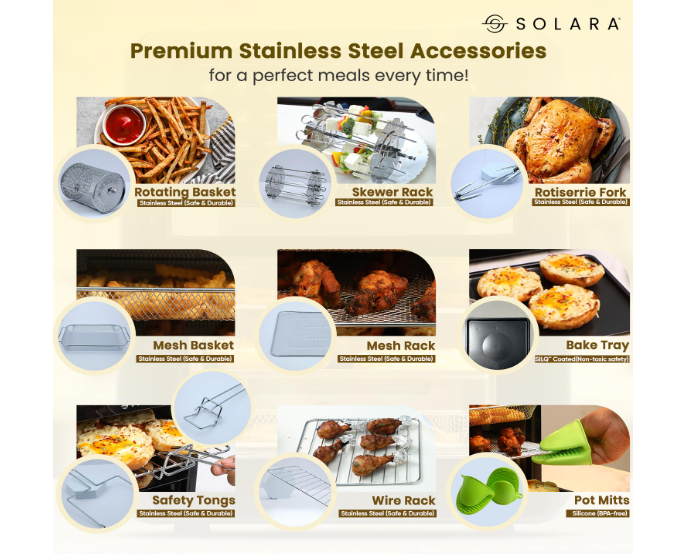 SOLARA 12L Air Fryer Oven for Home Kitchen, 1800W OTG Air Fryer Oven 12 Litre with 12 Presets, 9 Accessories, Grill, Roast, Bake, Reheat, AirFryer OTG, XX-Large, Recipe E-book, 1 Year Warranty, Black - Image 2