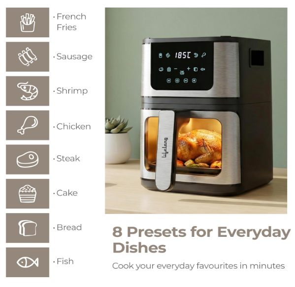 Lifelong BRIK 2-in-1 Air Fryer & Grill | 1350W, 8 Preset Menus | 4.2L See-Through Basket | Detachable Flip Design for Air Fry & Grilling | Use Little to No Oil, 360° Rapid Air Circulation |Touch Panel - Image 2