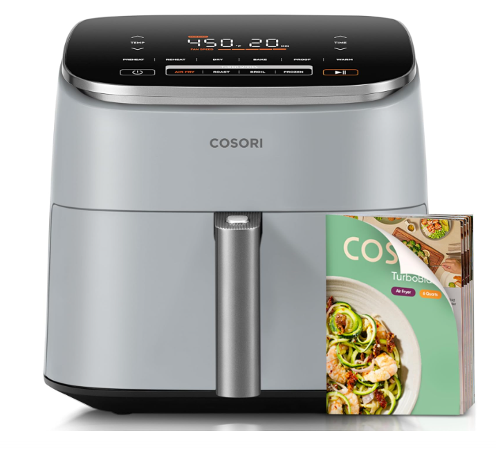 COSORI 9 in 1 air fryer, compact but large 6 quart 5 speed fan speeds with 450 F for ultra crisp, 95% less oil, over 100 recipes in the