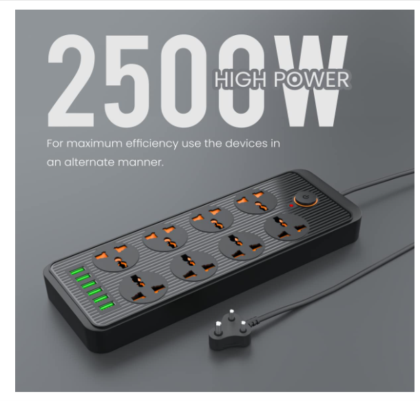 Portronics Power Plate 7 with 6 USB Port + 8 Power Sockets Smart Electric Universal Extension Board Multi Plug with 2500W, 2Mtr Cord Length, 2.1A USB Output(Black) - Image 2