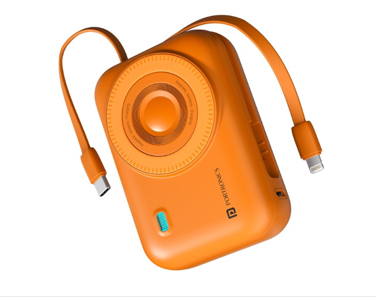 Portronics Power Shutter 20000mAh 15W Magnetic Wireless Fast Charging Powerbank with in-Built Type C & 8 Pin Cable, 22.5W Type C PD Output, Type C Bidirectional Port, LED Display (Orange)