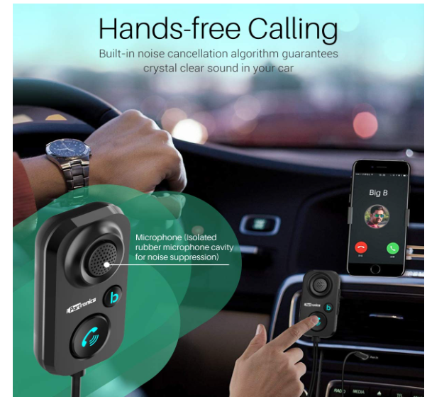 Portronics AUTO 12 in-Car Bluetooth Receiver for Handsfree Calling, Music System, Supports All Smartphones (Black) - Image 2