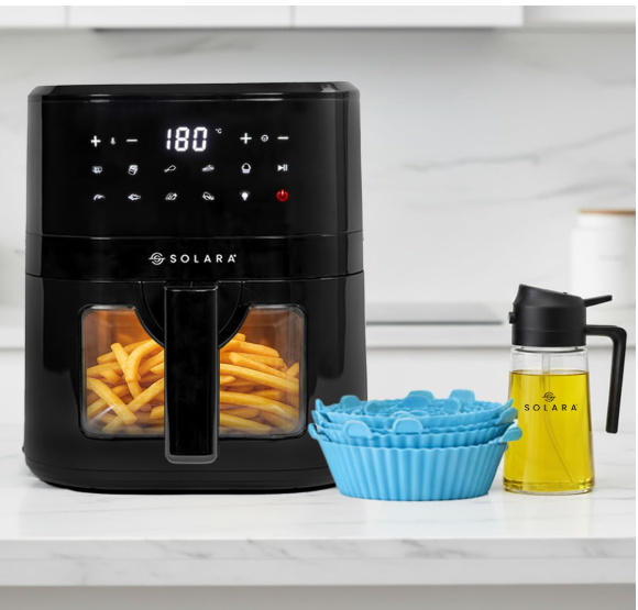 SOLARA Air Fryer 4.5 Litres with 500ml 2-in-1 Glass Oil Sprayer & Pack of 6 Reusable Silicone Basket Liners Combo Pack, 10 Preset menus, BPA-Free Kitchen and Air Fryer Accessories