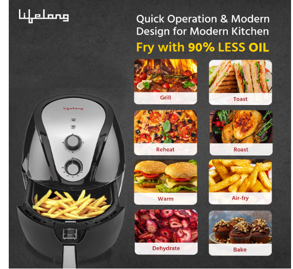Lifelong LLHF421 Fryo Air Fryer 1400W with 4.5L Large Cooking Pan Capacity, Timer Selection and Fully Adjustable Temperature Control with 1 Year Warranty(Black) - Image 2