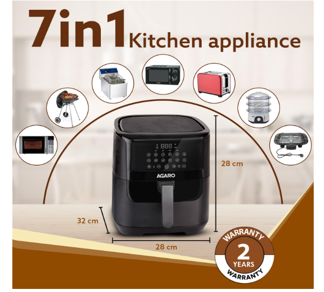 AGARO Elegant Air Fryer, 6.5L, 12 Preset Cooking Modes, 360 Degrees Air Circulation With Variable Temperature Settings, Frying, Grilling, Toasting, Roasting, 1800W, Black. - Image 3