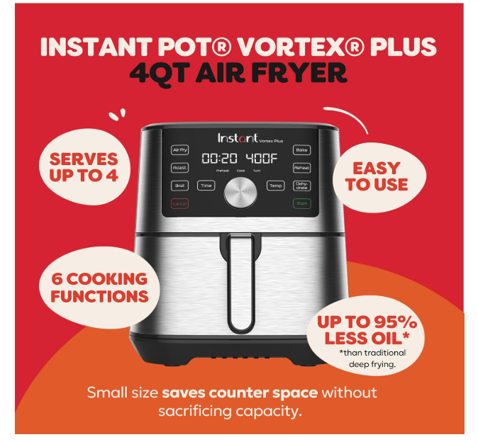 Instant Pot Vortex Plus 4QT Air Fryer, Custom Program Options, 6-in-1 Functions Crisps, Broils, Roasts, Dehydrates, Bakes, Reheats, 100+ In-App Recipes, from the Makers of Instant Pot, Stainless Steel - Image 2