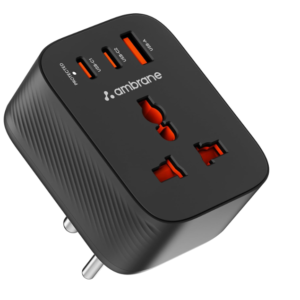 Ambrane 5-in-1 MultiPort Adapter with Universal AC Socket, 2 x Type C, 2 x USB, 2500W AC Output, 20W USB & PD Output, Ideal for Tight Spaces/Bedside & Travels, Child Safety Shutter (Charge X20, Black)