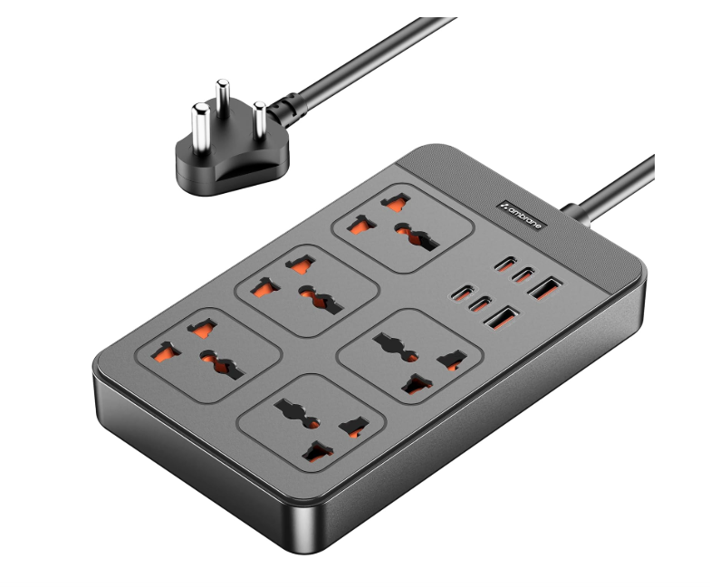 Ambrane Extension Board, 4 Type C, 2 USB, 5 International Power Sockets, 2500W Output, Long Cable, Wall Mount Option, Supports Laptop Charging for Office, Home Appliances (SmartStrip 2 Pro, Black)