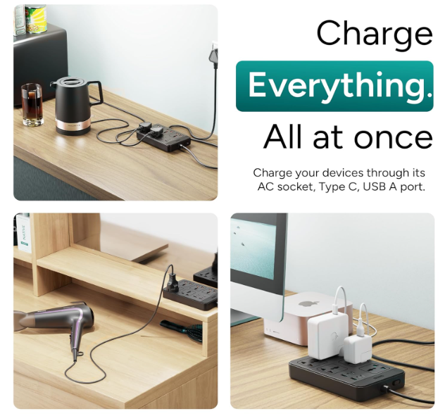 Ambrane Extension Board, 4 Type C, 2 USB, 5 International Power Sockets, 2500W Output, Long Cable, Wall Mount Option, Supports Laptop Charging for Office, Home Appliances (SmartStrip 2 Pro, Black) - Image 2