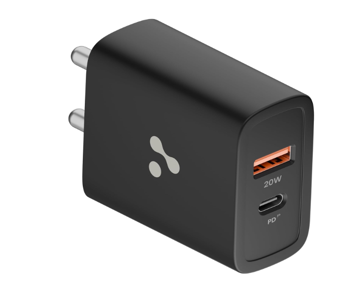 Ambrane 20W Dual Port Wall Charger, USB & Type C Adapter Fast Charging for iPhone 16/15/14/13/12/11 (Pro,Pro Max,Plus), iPad, Google Pixel, Samsung & All Type C Devices BIS Certified (H11 Black)
