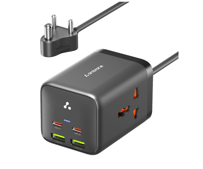 Ambrane 6-in-1 Power Hub Charger 65W Fast Charging, 6 Ports - 2 Type-C, 2 USB, 2 AC Sockets (2500W), Multi-Port Desktop Charger for Laptop, iPhone, Android, Portable Charging Station (Charge Hub 65)