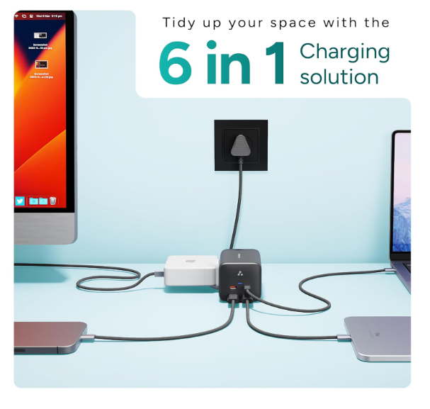 Ambrane 6-in-1 Power Hub Charger 65W Fast Charging, 6 Ports - 2 Type-C, 2 USB, 2 AC Sockets (2500W), Multi-Port Desktop Charger for Laptop, iPhone, Android, Portable Charging Station (Charge Hub 65) - Image 2