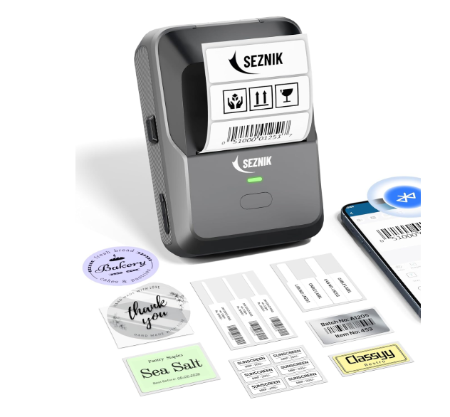 SEZNIK Josh Bluetooth Thermal Label Printer | Inkless Mini Rechargeable | MRP, Barcode, Excel File Print | Cloud, Mobile, Desktop | Jewellery, Round Labels | 2-inch Print | Free App | 1 Year Warranty