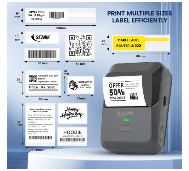 SEZNIK Josh Bluetooth Thermal Label Printer | Inkless Mini Rechargeable | MRP, Barcode, Excel File Print | Cloud, Mobile, Desktop | Jewellery, Round Labels | 2-inch Print | Free App | 1 Year Warranty - Image 2