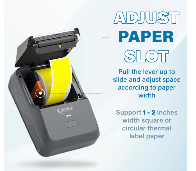 SEZNIK Josh Bluetooth Thermal Label Printer | Inkless Mini Rechargeable | MRP, Barcode, Excel File Print | Cloud, Mobile, Desktop | Jewellery, Round Labels | 2-inch Print | Free App | 1 Year Warranty - Image 3