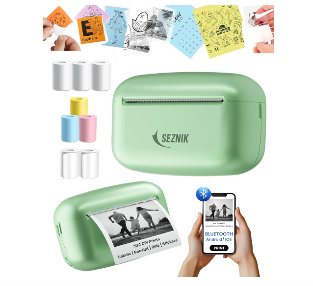 SEZNIK Mini Printer, Ultra HD Print 304 dpi | Inkless | Portable | Bluetooth Compatible with Android iOS | 1 Year Warranty (Mini-UltraHD-Green)