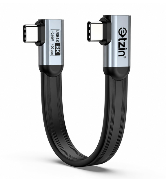 ETZIN 240W USB4 Type-C Cable 40Gbps 8K Right Angle Flat 1M For 1 metre reach, twin 90 degree bends, Usb4 40Gbps, 240W PD 3.1, 8K 60Hz video, alloy shells, EPL-1664CC