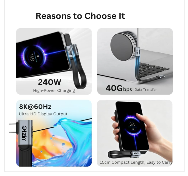 ETZIN 240W USB4 Type-C Cable 40Gbps 8K Right Angle Flat 1M For 1 metre reach, twin 90 degree bends, Usb4 40Gbps, 240W PD 3.1, 8K 60Hz video, alloy shells, EPL-1664CC - Image 2