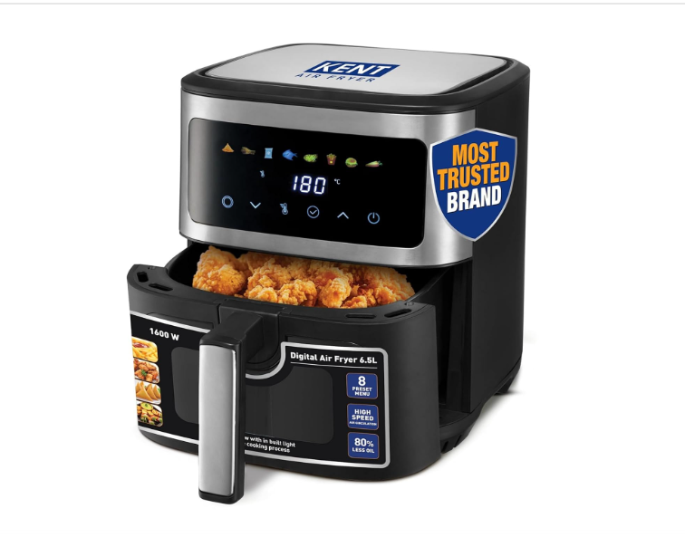 KENT Digital Air Fryer 6.5L,1600W,Bake,Grill & Roast,Up To 80% Less Oil Usage,Rapid Heat Circulation,8 Preset Menu,Digital Display & Touch Control Panel,Glass Window With In Built Light,Black