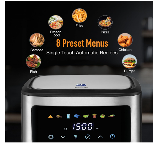 KENT Digital Air Fryer 6.5L,1600W,Bake,Grill & Roast,Up To 80% Less Oil Usage,Rapid Heat Circulation,8 Preset Menu,Digital Display & Touch Control Panel,Glass Window With In Built Light,Black - Image 2