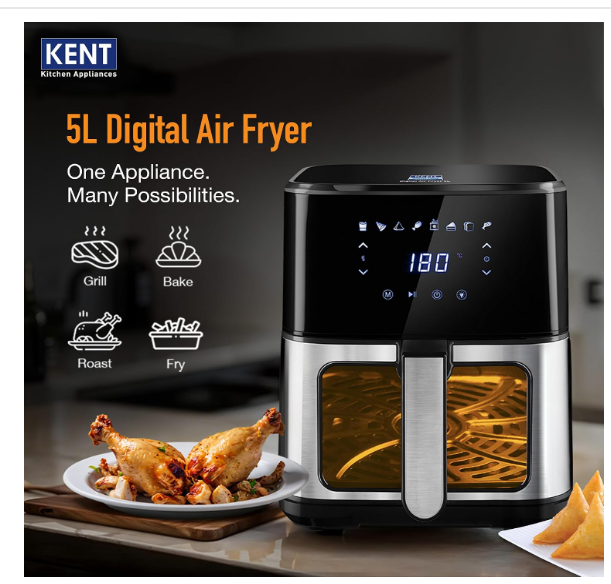 KENT Digital Air Fryer 5L | 1400W | Bake, Grill & Roast | Up to 80% Less Oil Usage | 8 Preset Menu | Rapid Heat Circulation | Digital Display & Touch Control Panel | Glass Window with in built Light - Image 2