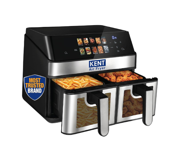 KENT Digital Air Fryer 10L| 2000W | Up to 80% Less Oil Usage | 10 Preset Menu |Digital Display & Touch Control Panel |Glass Window with in built Light | Dual Basket for Cooking 2 Dishes Simultaneously