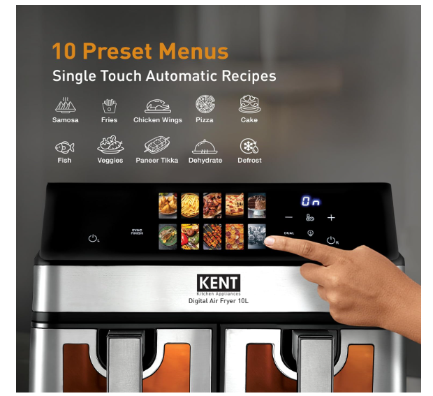 KENT Digital Air Fryer 10L| 2000W | Up to 80% Less Oil Usage | 10 Preset Menu |Digital Display & Touch Control Panel |Glass Window with in built Light | Dual Basket for Cooking 2 Dishes Simultaneously - Image 2