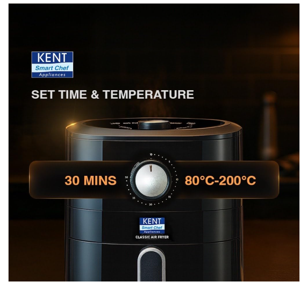 KENT Classic Hot Air Fryer 4L 1300 W | 80% Less Oil | Instant Electric Air Fryer | Auto Cut Off | Fry, Grill, Roast, Steam, and Bake | 1 Year Warranty | Black - Image 2